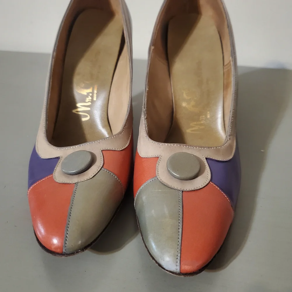 1960s Colorblock Heels Pumps Button Front Teal Grey Purple Coral Size 6.5 - Picture 3 of 7
